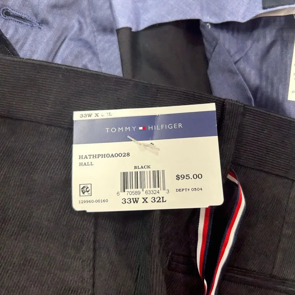 Tommy‎ Hilfiger Corduroy Pants Mens 33x32 Solid Black Modern-Fit NEW